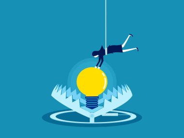 İş kadını kapanda bir ampul yaktı. Bilgi tuzağı. vektör illüstrasyonu