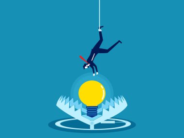 İşadamı kapana kısılmış ampule uzanıyor. Bilgi tuzağı. vektör illüstrasyonu