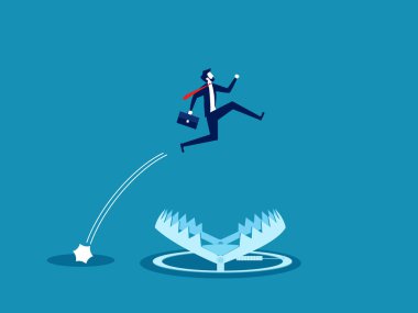 Riskten kaçının. İş adamı ayı kapanının üzerinden atlar. vektör illüstrasyonu