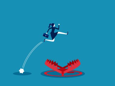 Kontrol riski yönetimi. İş kadını ayı kapanının üzerinden atladı. vektör illüstrasyonu