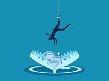 Parayla dolandırıcılık. İş adamı bir tuzak vektör illüstrasyonunda para topluyor.