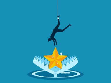 Başarı dolandırıcılığı. İş adamı bir tuzak taşıyıcı illüstrasyonunda yıldızları yakalamaya çalışıyor