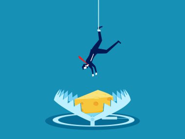 İş adamı kapana kısılmış peynirleri toplamaya çalışır. Baştan çıkarma konsepti. Vektör illüstrasyonu