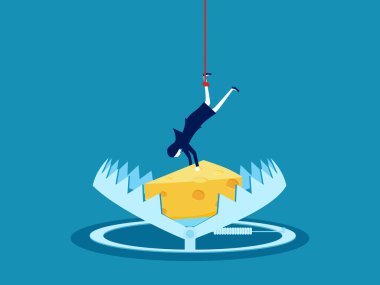 Aldatma, aldatma. İş kadını kapana kısılmış peynirleri toplamaya çalışıyor. Vektör illüstrasyonu