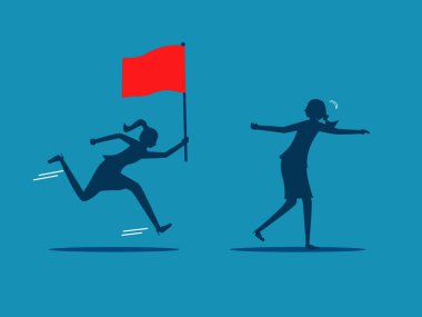 İleri başarı. İş kadını, çalışan meslektaşına kırmızı bayrak uzattı. vektör