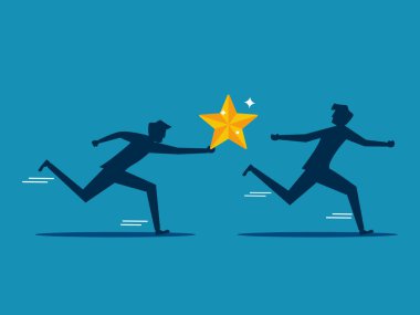 Başarı konseptini iletin. İş adamı yıldızları koşu yapan meslektaşına veriyor. vektör