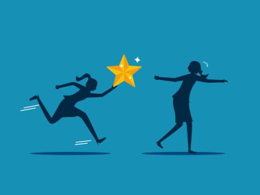 İş başarısı. İş kadını yıldızları koşu yapan meslektaşına veriyor. vektör