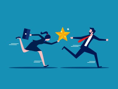 Başarı konseptini iletin. İş kadını yıldızları koşu yapan meslektaşına veriyor. vektör