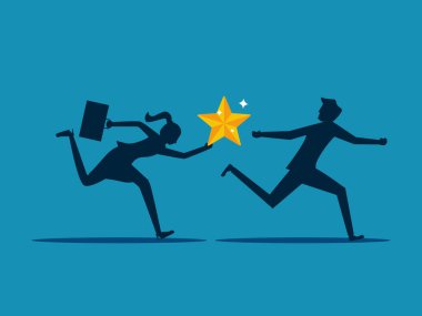 Başarı fikrini aktarın. İş kadını yıldızları koşu yapan meslektaşına veriyor. vektör