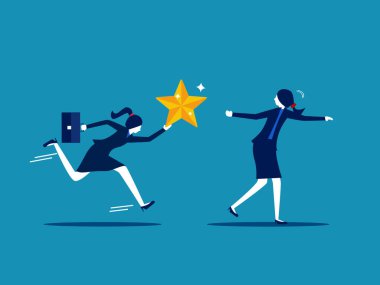 Başarı fikrini aktarın. Kadın yıldızları koşu yapan meslektaşına veriyor. vektör