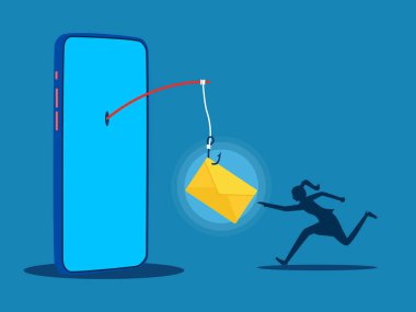 İş kadınları internet üzerinden haberlerle veya bilgilerle kandırılır. Akıllı telefon vektöründen kancaya takılı harf