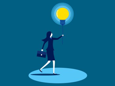 Sorunları çözmede yaratıcılık. İş kadını karanlıkta görmek için elinde bir ampul tutuyor. vektör