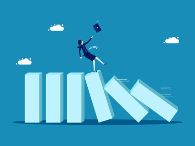 Felaketler ve riskler meydana gelir. Domino etkisinden etkilenen iş kadını. vektör illüstrasyonu