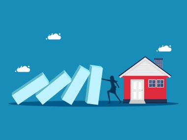 Gayrimenkul krizini durdurun. İş kadını, evi korumak için yıkılan dominoları itiyor. Vektör