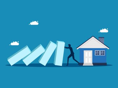 Evi korumak için. İşadamı dominoların evin üzerine düşmesini durdurdu. Vektör