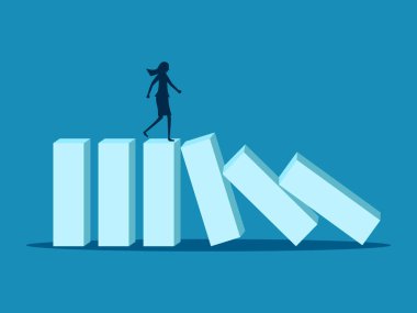 Kriz. Domino etkisi altındaki iş kadını. Vektör illüstrasyonu