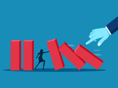 Finansal krizin çöküşü. İş kadını domino etkisini durdurdu. vektör