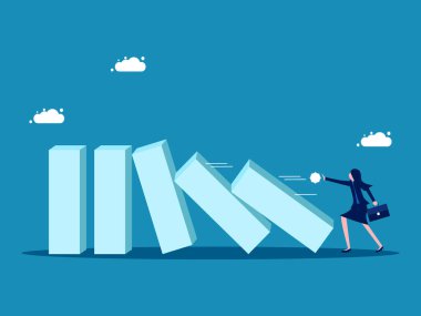 İşler değişir, domino etkisi. İş kadını dominoları düşmeye zorluyor. Vektör illüstrasyonu