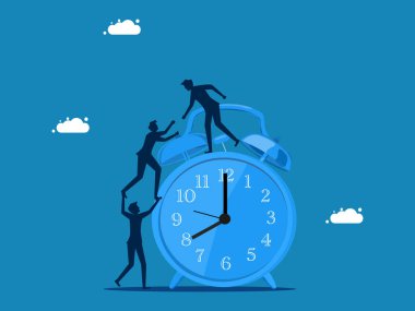 Danışman. İşadamı müdürü çalışanların saate tırmanmasına yardım eder. Vektör