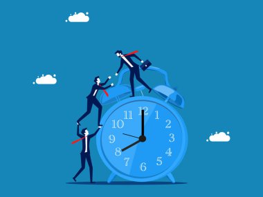 Yardım, hayat rehberi. İşadamı müdürü, çalışanlarının saate tırmanmasına yardım ediyor. Vektör