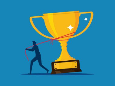İş adamı büyük bir kupayı sürüklüyor. Başarı konsepti Vektör illüstrasyonu