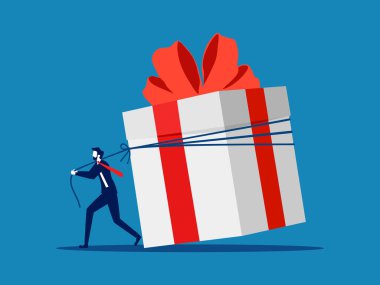 Büyük ikramiyeler için çalış. Kararlı işadamı büyük hediye kutusu taşıyıcı illüstrasyonunu çekmeye çalışıyor