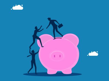 Tasarruf artışı, kar payı artışı. İş adamı, bir meslektaşının kumbaraya tırmanmasına yardım ediyor. Vektör