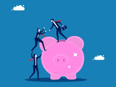 Yatırımlar artar, kar payı artar. İş adamı, bir meslektaşının kumbaraya tırmanmasına yardım ediyor. Vektör