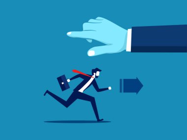 Yanlış şekilde çalış. Büyük bir el işaretleme vektörüyle karşı karşıya koşan bir işadamı