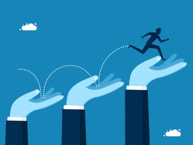 Başarılı olmak için akıl hocalığı. İşadamı, vektör yetiştirmek için büyük elleriyle merdivenlerden atlıyor.