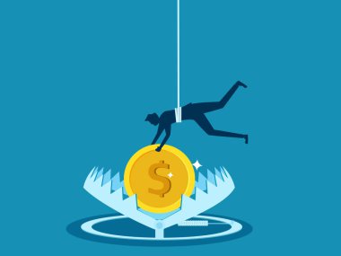 Finansal risk. İşadamı tuzağın üstündeki sikkelere ulaşmaya çalışıyor. Vektör illüstrasyonu