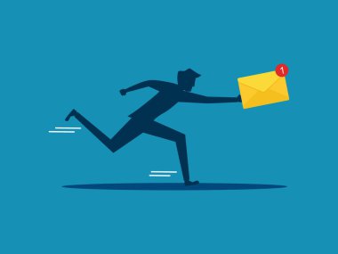 Acil uyarı mesajları, bilgi gönderme. Zarfları getiren bir iş adamı. vektör