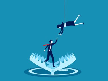 Kriz ve risk. İş kadını kapana kısılmış çalışanlara ulaşır. Vektör illüstrasyonu