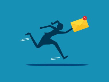 Uyarı mesajları gönder, acil bilgiler. Zarf teslimatı yapan bir iş kadını. vektör