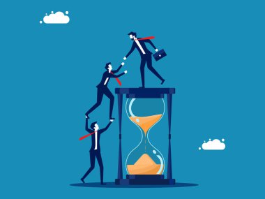 Birlikte çalışalım. İş adamı meslektaşının kum saati vektörüne tırmanmasına yardım ediyor.