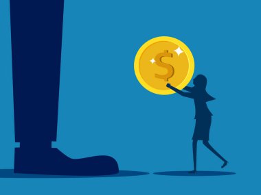 Borçlarını öde. Küçük işkadını paralarını büyük bir iş adamına veriyor. Vektör