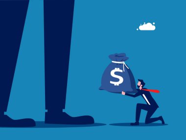 Rüşvet. Küçük işadamı büyük bir iş adamına bir çanta para verir. Vektör