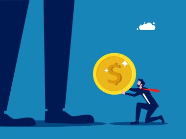 Borçlarını öde. Küçük işadamı paralarını büyük bir işadamına verir. Vektör