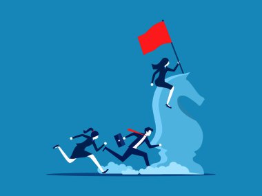 Strateji, rekabet. İş kadını lider satranç atına biniyor ve zafer bayrağı taşıyor.