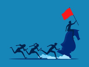 İş kavgası. Elinde kırmızı bayrak taşıyan satranç atı süren bir iş adamı.