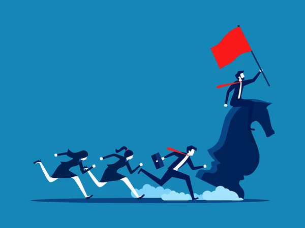 Attacking business, leadership. Businessman riding a chess horse holding a red flag vector