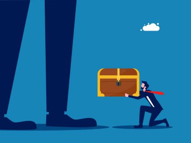 İş ahlaksızlığı. Küçük işadamı omuz silkmek için bir hazine sandığı verdi.