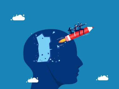 Beyin fırtınası yaratıcı fikirler. İş adamlarından oluşan bir ekip kafalarından roket kalemler uçuruyor. vektör