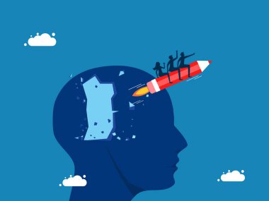 Yaratıcı fikirlerin koleksiyonu. İş adamlarından oluşan bir ekip koca kafasından uçan bir roket kalem çıkartıyor. vektör