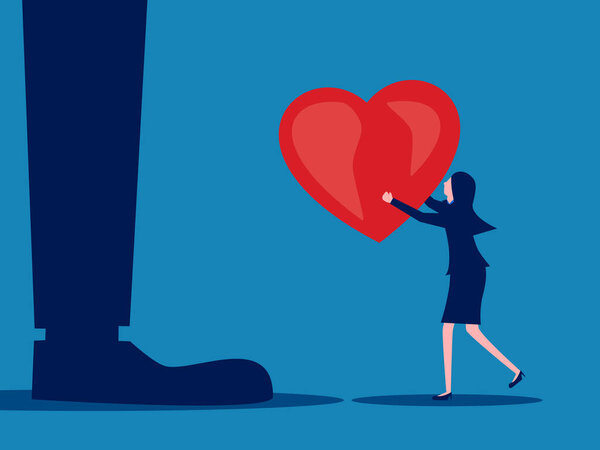 Доверься. Маленькая деловая женщина отдаёт сердце бизнесмену, пожимающему плечами. вектор