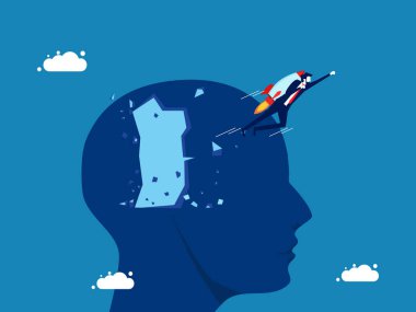 Yeni yenilikler icat et. Roketle uçan bir işadamı büyük kafa vektörünü yok ediyor