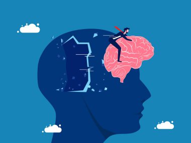 Kafandan çık. Beyni olan bir iş adamı büyük kafa vektöründe uçuyor.