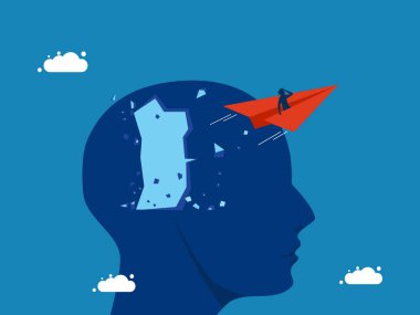 Farklı liderlik kavramları. Kağıt uçakla uçan bir iş adamı büyük kafa vektörünü yok eder