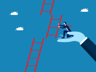 İş desteği. İş adamı, meslektaşı vektör için merdiven yapımına yardım ediyor