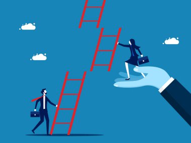 İş desteği. İş kadını başarı basamaklarını tırmanmaya yardım eder. vektör